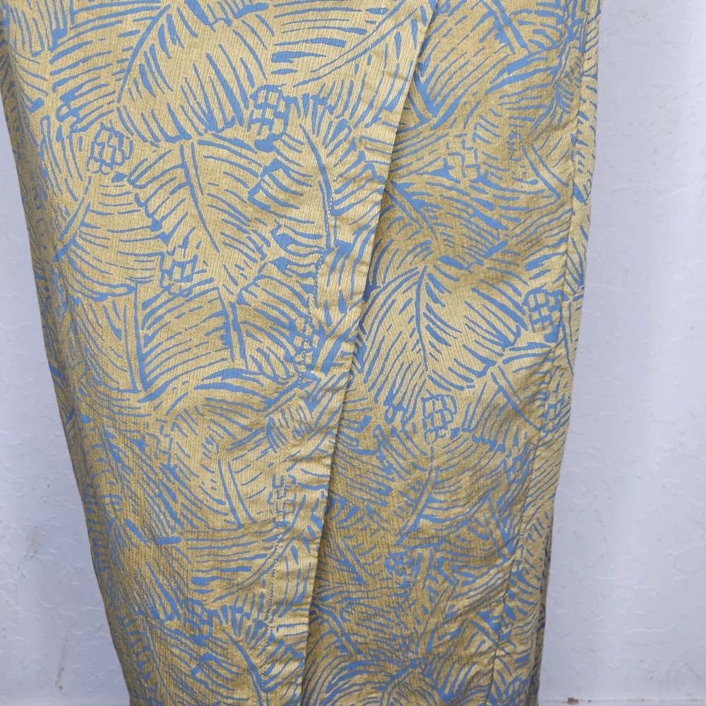 PrAna Organic Cotton Wrap Tulip Skirt Blue Tropical Leaf Mustard Boho Summer L - Picture 3 of 9